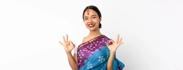 Young Indian Woman Isolated White Background Showing Sign Two Hands — Stock Photo, Image