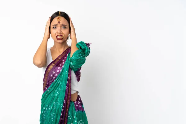 Jeune Femme Indienne Isolée Sur Fond Blanc Faisant Geste Nerveux — Photo