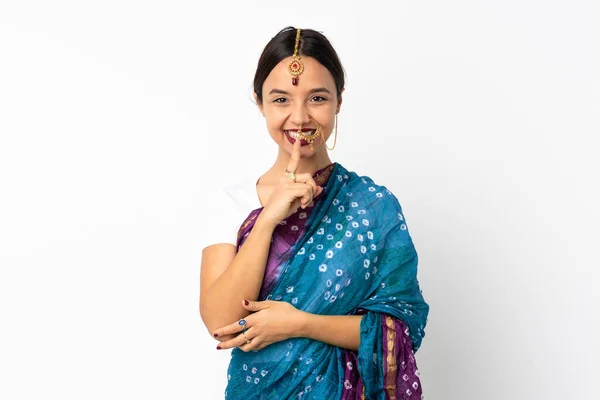Молода Індійська Жінка Ізольована Білому Тлі Показуючи Знак Тиші Жест — стокове фото