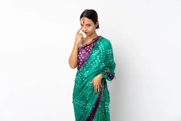 Young Indian Woman Isolated White Background Showing Something — Stock Photo, Image