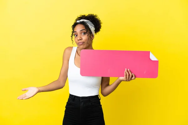 Young African American Woman Isolated Yellow Background Holding Empty Placard — Stockfoto