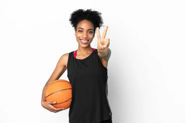 Giovane Giocatore Basket Donna Latina Isolato Sfondo Bianco Sorridente Mostrando — Foto Stock