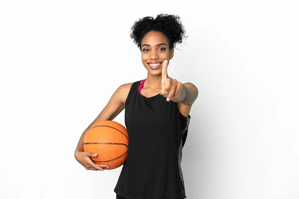 Joven Jugador Baloncesto Mujer Latina Aislada Sobre Fondo Blanco Mostrando — Foto de Stock