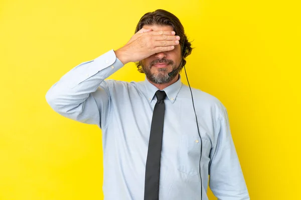 Telemarketer Dutch Man Working Headset Isolated Yellow Background Covering Eyes — Stock Photo, Image