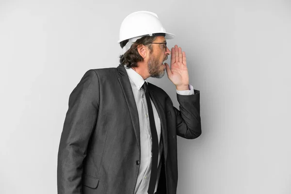 Young Architect Man Helmet Isolated Background Shouting Mouth Wide Open — Stockfoto