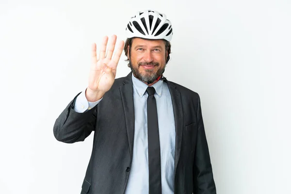 Homem Sênior Negócios Com Capacete Bicicleta Isolado Fundo Branco Feliz — Fotografia de Stock