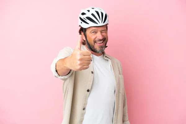Senior Dutch Man Bike Helmet Isolated Pink Background Thumbs Because — Stock Photo, Image