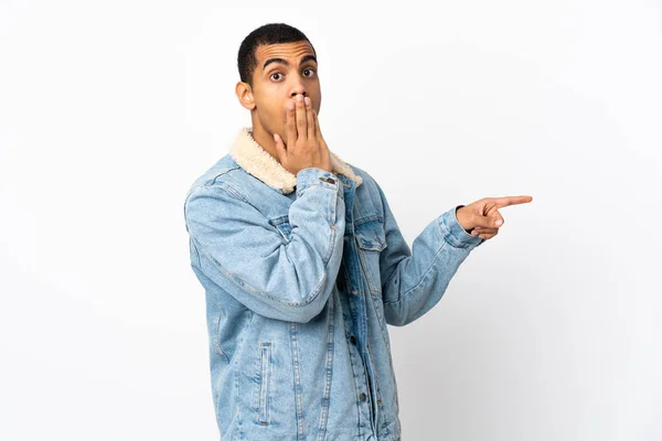 African American Man Isolated White Background Surprise Expression While Pointing — 图库照片