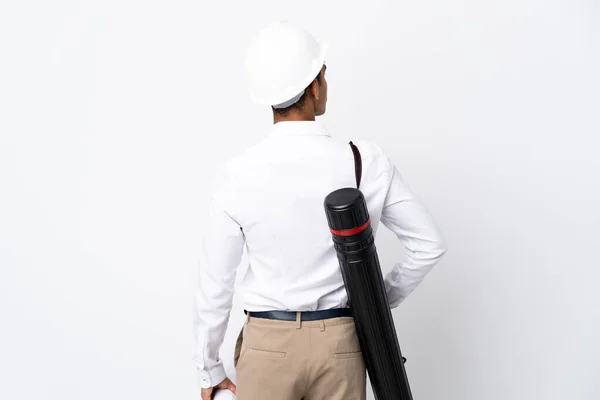 African American Architect Man Helmet Holding Blueprints Isolated White Background — Stock Photo, Image