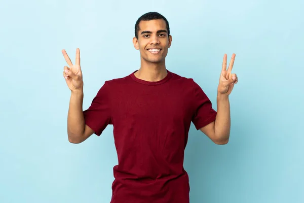 African American Man Isolated Background Showing Victory Sign Both Hands — Stockfoto