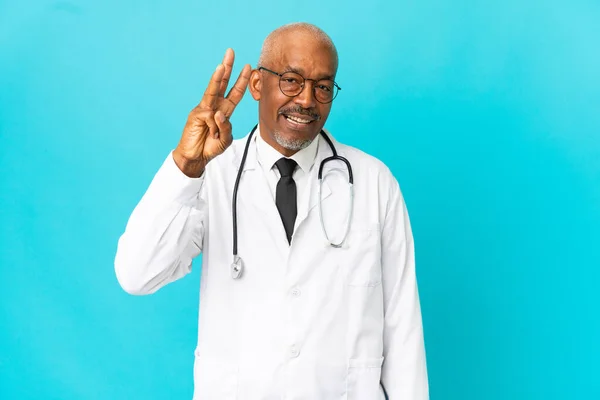 Senior Doctor Man Isolated Blue Background Happy Counting Three Fingers — 图库照片