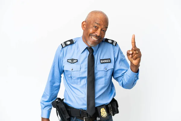 Молодий Поліцейський Ізольований Білому Тлі Має Намір Реалізувати Рішення Піднімаючи — стокове фото