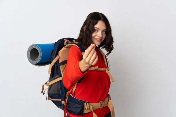 Adolescente Alpinista Ragazza Con Grande Zaino Isolato Sfondo Bianco Fare — Foto Stock