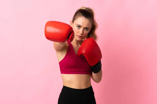 Young Brazilian Woman Isolated Pink Background Boxing Gloves — Stock Photo, Image