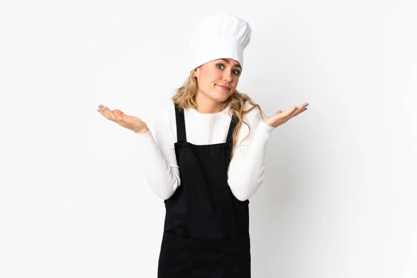 Jonge Braziliaanse Chef Kok Vrouw Geïsoleerd Witte Achtergrond Met Twijfels — Stockfoto