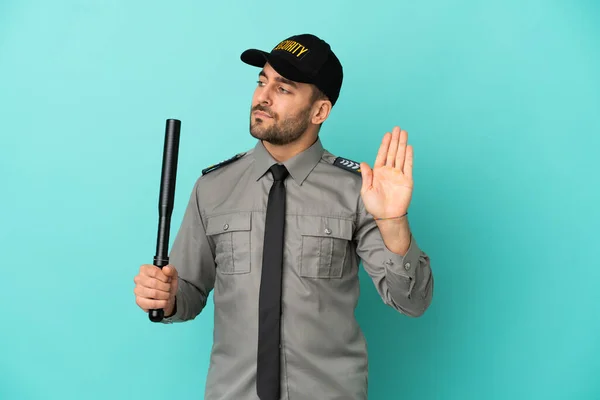 Young Security Man Isolated Blue Background Making Stop Gesture Disappointed — Foto Stock