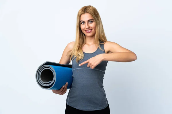 Young Sport Woman Going Yoga Classes While Holding Mat Isolated — Stock Photo, Image