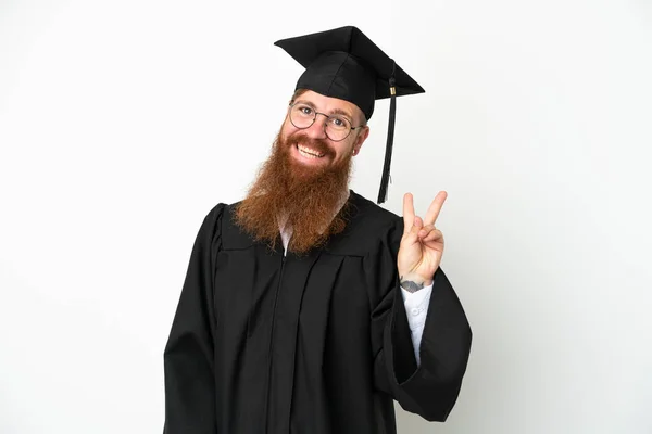 Giovane Laureato Uomo Rossastro Isolato Sfondo Bianco Sorridente Mostrando Segno — Foto Stock