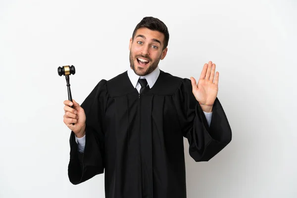 Judge Caucasian Man Isolated White Background Saluting Hand Happy Expression — Stock Photo, Image