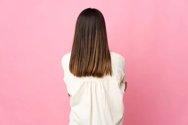 Teenager Girl Isolated Pink Background Back Position — Stock Photo, Image