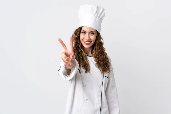 Joven Chef Mujer Aislada Sobre Fondo Blanco Sonriendo Mostrando Signo —  Fotos de Stock