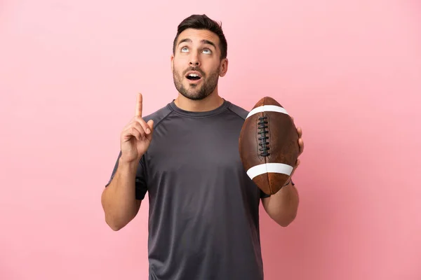 Young Caucasian Man Playing Rugby Isolated Pink Background Thinking Idea — Stock Photo, Image