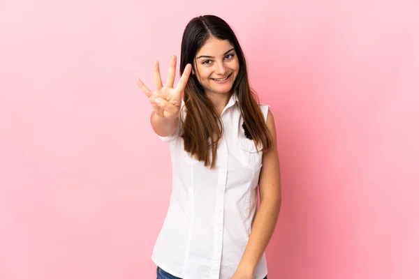 Pembe Arka Planda Izole Edilmiş Genç Beyaz Kadın Mutlu Parmaklarıyla — Stok fotoğraf