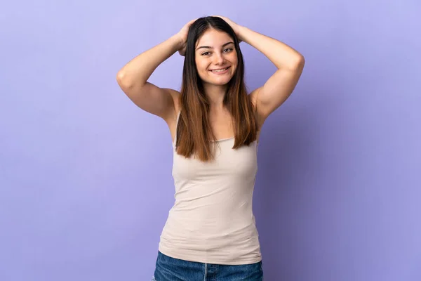 Young Caucasian Woman Isolated Purple Background Laughing — Stock Photo, Image