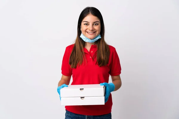 Pizza Bevalling Vrouw Met Een Pizza Geïsoleerd Witte Achtergrond Glimlachen — Stockfoto