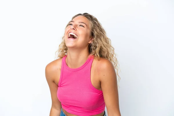 Mädchen Mit Lockigem Haar Isoliert Auf Weißem Hintergrund Lachen — Stockfoto