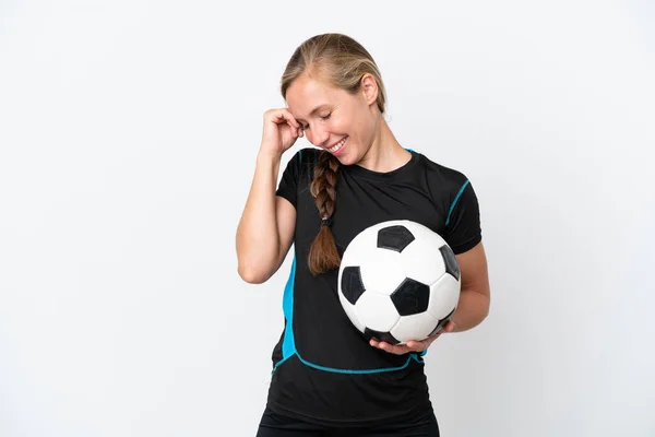 Ung Fodboldspiller Kvinde Isoleret Hvid Baggrund Griner - Stock-foto