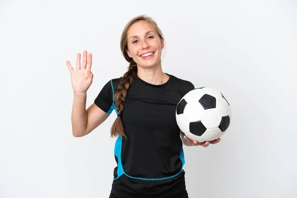 Joven Futbolista Mujer Aislada Sobre Fondo Blanco Saludando Con Mano —  Fotos de Stock