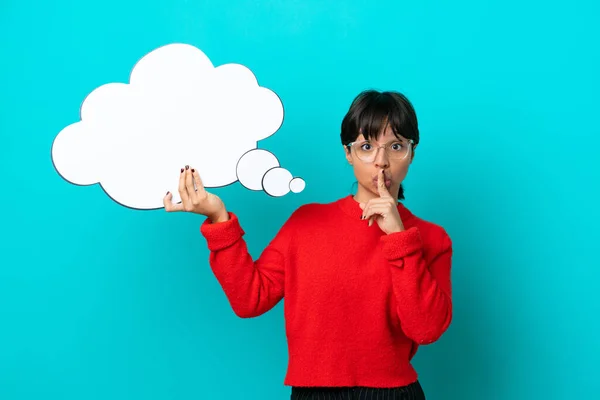 Young Woman Isolated Blue Background Holding Thinking Speech Bubble Doing — Stock Photo, Image