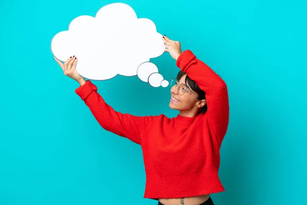 Young Woman Isolated Blue Background Holding Thinking Speech Bubble — Stock Photo, Image