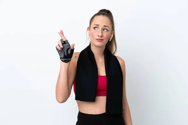 Junge Sport Kaukasische Frau Isoliert Auf Weißem Hintergrund Mit Daumendrücken — Stockfoto