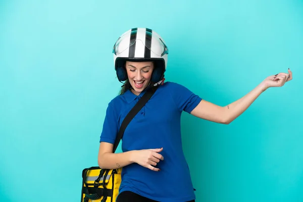 Jonge Blanke Vrouw Met Thermische Rugzak Geïsoleerd Witte Achtergrond Maken — Stockfoto