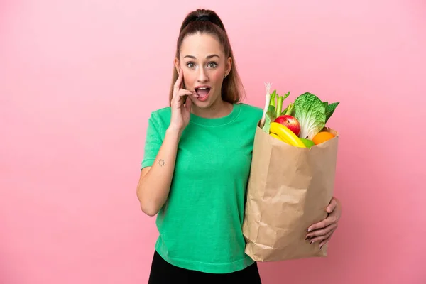 Young Woman Holding Grocery Shopping Bag Surprise Shocked Facial Expression — 图库照片