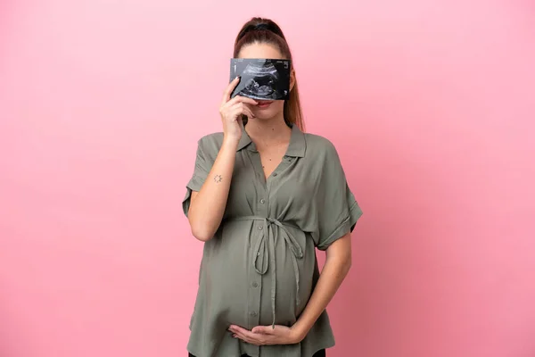 Young Woman Isolated Pink Background Pregnant Holding Ultrasound — Stockfoto