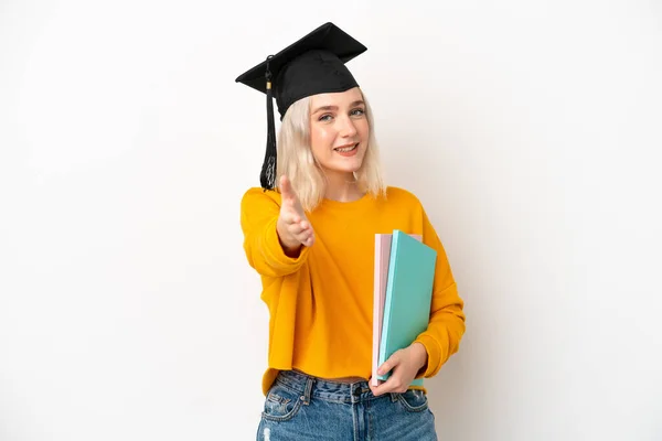 Jovem Universidade Caucasiano Mulher Graduado Isolado Fundo Branco Apertando Mãos — Fotografia de Stock