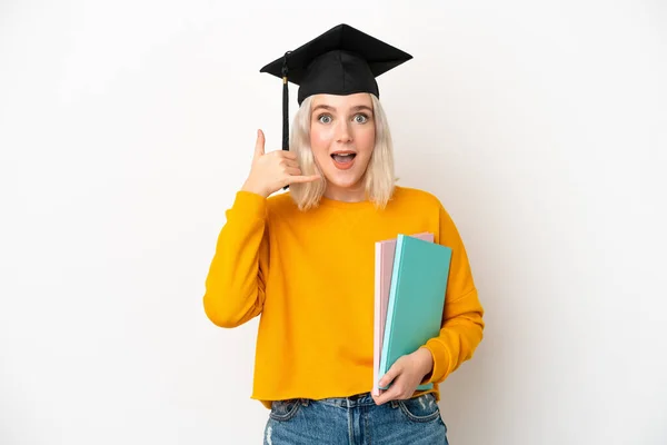 Young University Caucasian Woman Graduate Isolated White Background Making Phone — Stock Photo, Image