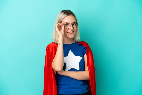 Super Hero Caucasian Woman Isolated Blue Background Glasses Happy — Stock Photo, Image
