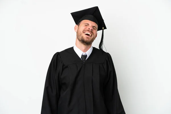 Jonge Universiteit Braziliaanse Afgestudeerde Geïsoleerd Witte Achtergrond Lachen — Stockfoto