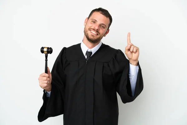Суддя Кавказький Чоловік Ізольований Білому Тлі Показуючи Піднімаючи Палець Знак — стокове фото
