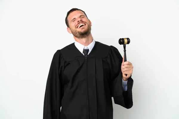 Rechter Kaukasische Man Geïsoleerd Witte Achtergrond Lachen — Stockfoto