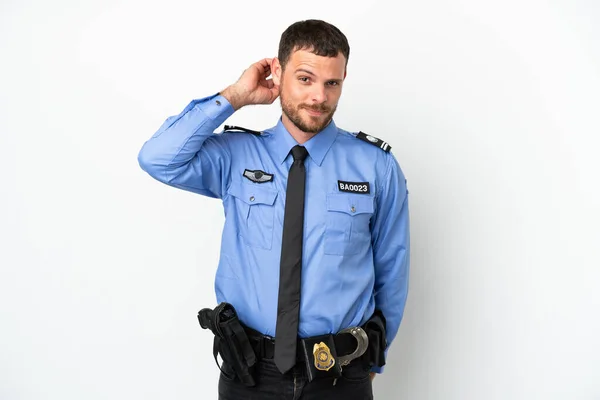 Joven Policía Brasileño Aislado Sobre Fondo Blanco Teniendo Dudas —  Fotos de Stock