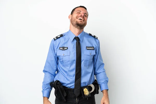 Młody Policjant Brazylijczyk Człowiek Odizolowany Białym Tle Śmiech — Zdjęcie stockowe