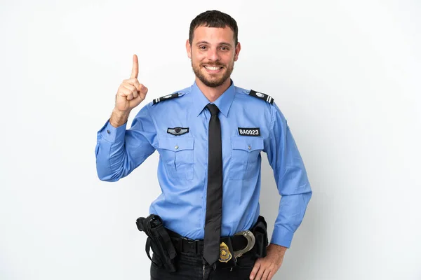 白の背景に隔離された若い警察ブラジル人男性最高の兆候で指を見せて持ち上げる — ストック写真