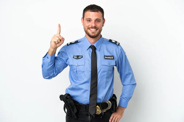 Joven Policía Brasileño Aislado Sobre Fondo Blanco Mostrando Levantando Dedo —  Fotos de Stock