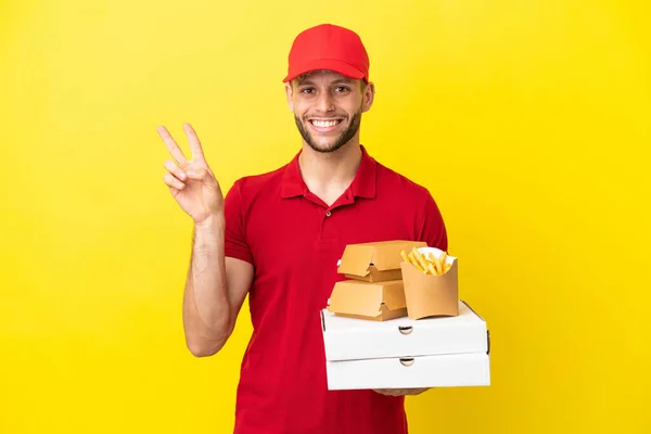 Pizza Delivery Man Pizza Boxes Burgers Isolated Background Χαμογελώντας Και — Φωτογραφία Αρχείου