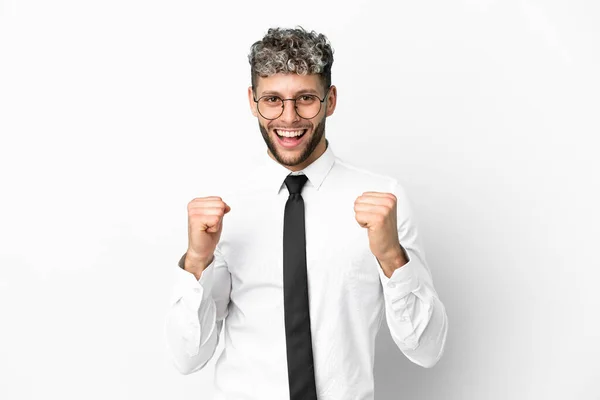 Zakelijke Blanke Man Geïsoleerd Witte Achtergrond Vieren Van Een Overwinning — Stockfoto